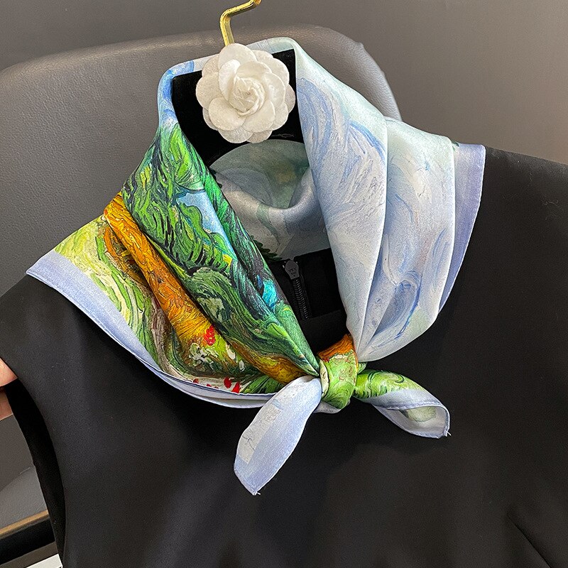53cm Real Silk Nature Scarf Women Neckerchief Foulard Bandana Small Hairbands Fashion Floral Neck Ties for Office Lady New ZS-312 53x53cm