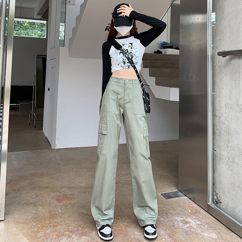 American Retro Khaki Green Pockets Cargo Pants Women 90s Baggy Workwear Jeans Female Straight Loose Wide Leg Trousers Summer Y2k Grass Green