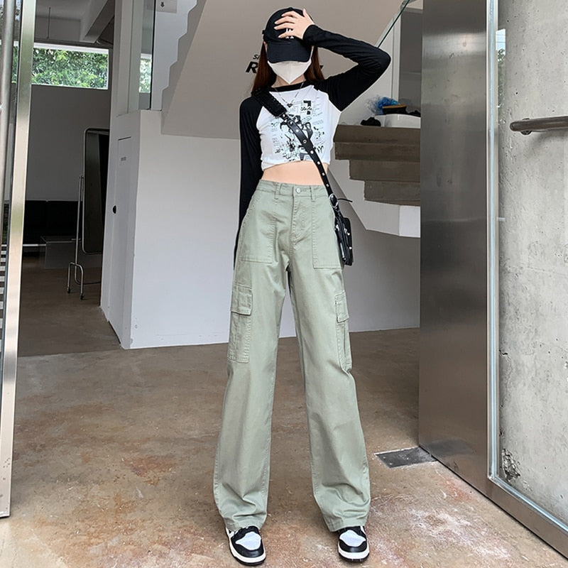 American Retro Khaki Green Pockets Cargo Pants Women 90s Baggy Workwear Jeans Female Straight Loose Wide Leg Trousers Summer Y2k Grass Green