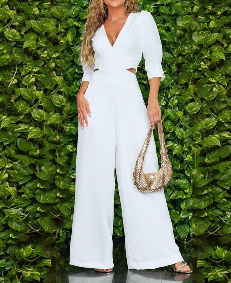 Women's Pants Spring Summer Woman Jumpsuit New Fashion Loose Short Sleeved V-neck Solid Wide Leg Jumpsuit Clothes for Women White