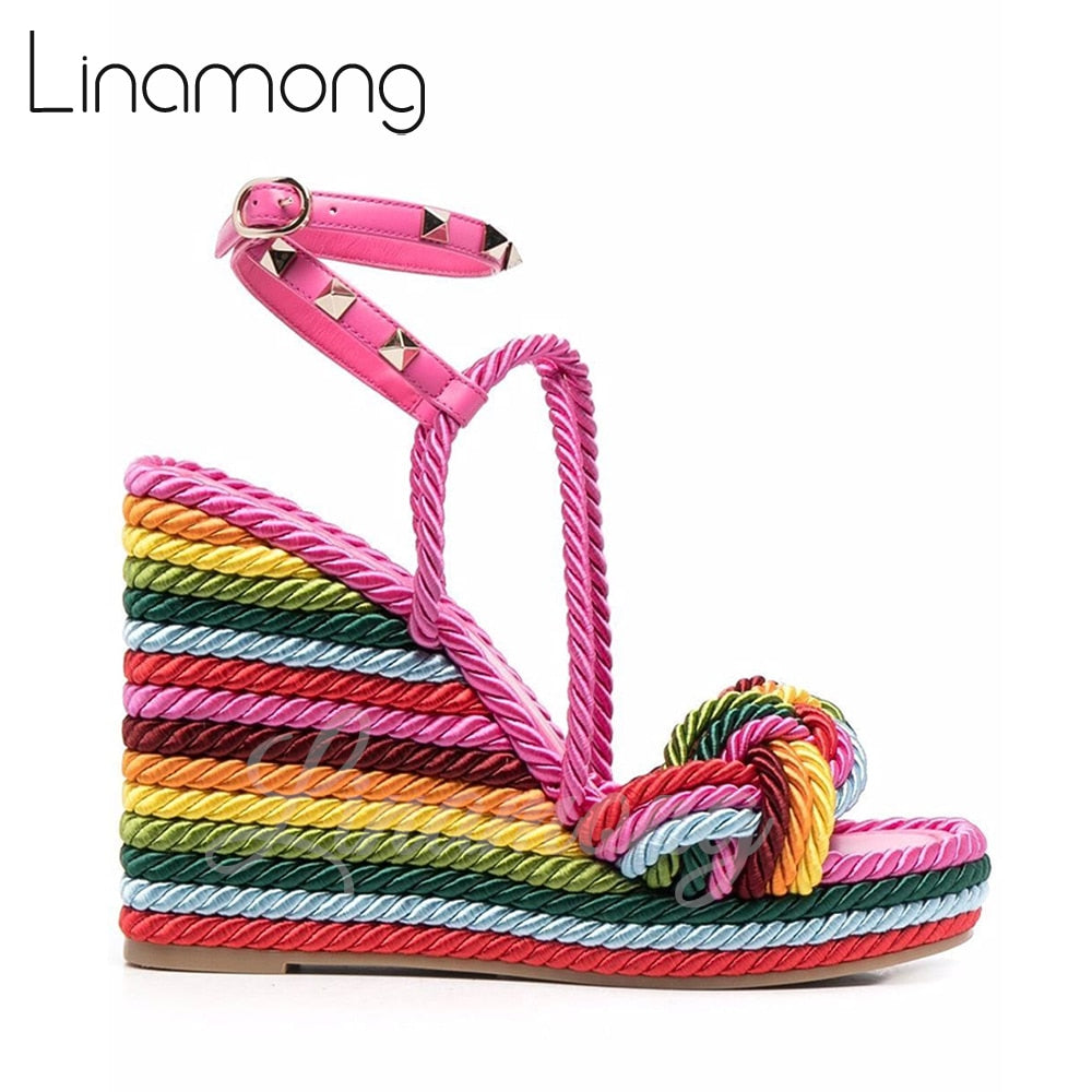 Multicolor Hemp Rope Rivet Espadrilles Strap Platform Wedge Summer Sandals for Women Designer Style Fashion Sandals New Arrival