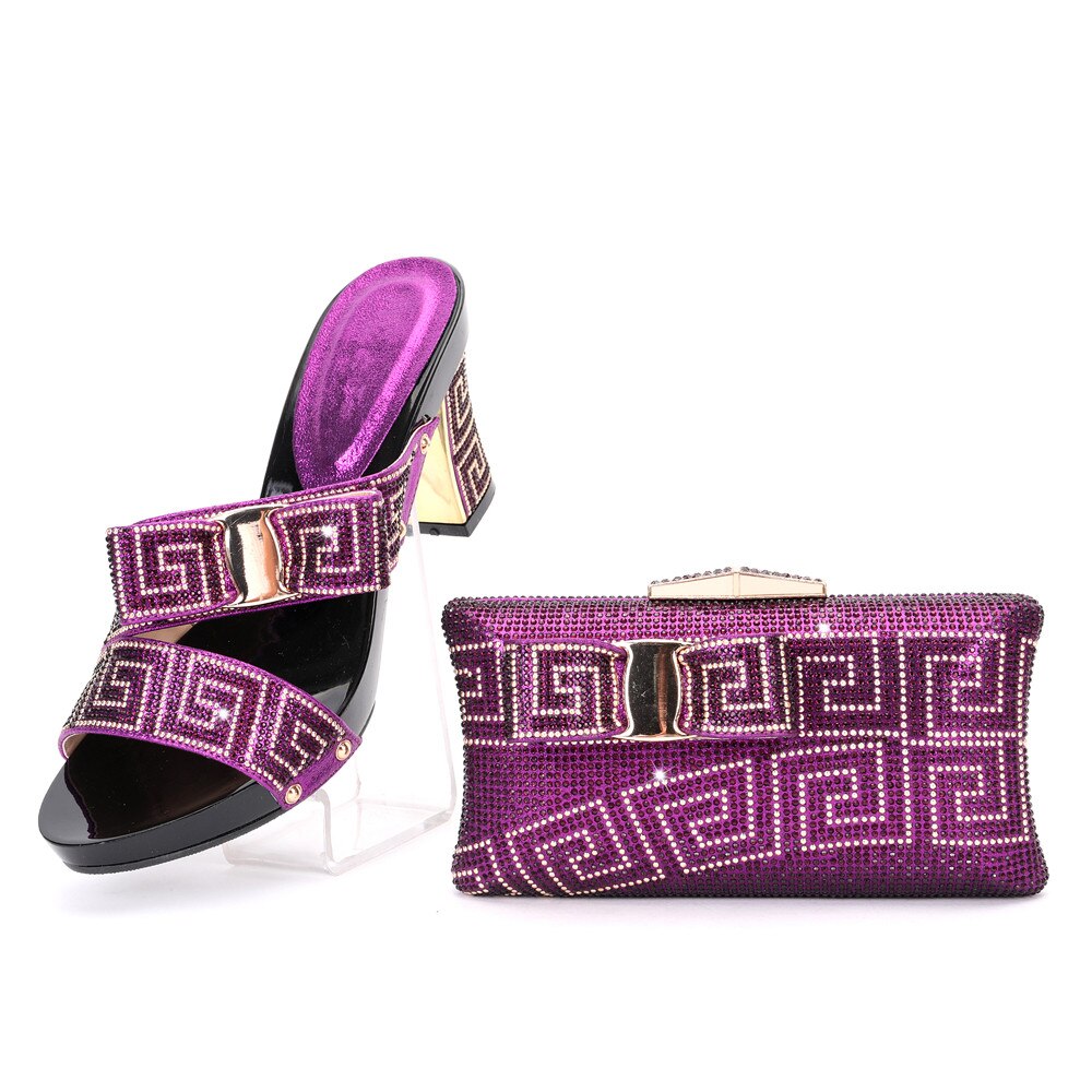 New Arrival Elegant Rhinestone Slipper Woman Shoes And Purse Set Italian Style Square Heels Shoes And Bag Set For Party Purple
