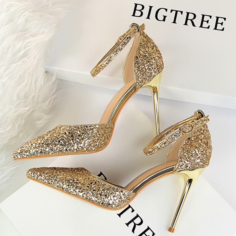 Shoes Sexy High Heels Women Pumps Sparkle Sequins Stiletto Heels 10 Cm Party Shoes Women Heels Summer Women Sandals New 283-1-gold9.5cm