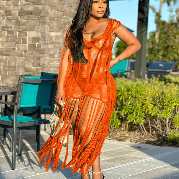 Sexy Crochet Knit Rib Tassel Mini Dress for Women Summer 2023 Fashion Sleeveless See Through Club Party Dresses Beach Wear Robe