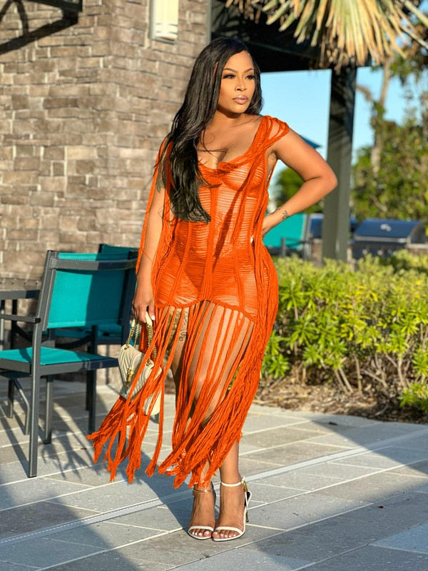 Sexy Crochet Knit Rib Tassel Mini Dress for Women Summer 2023 Fashion Sleeveless See Through Club Party Dresses Beach Wear Robe