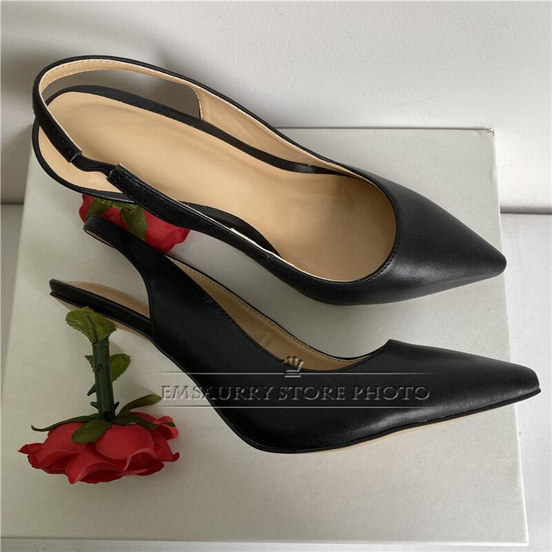 Rose Flower Strange Heel Women Pumps Sexy Pointed Toe Slingbacks Luxury Genuine Leather Slim Dress Shoes For Girls