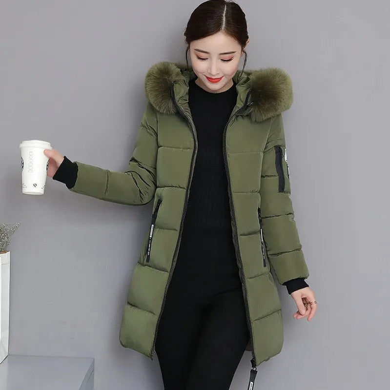 Fashion Fur Collar Hooded Down Cotton Coat Womens Winter Parkas Jacket Long Warm Padded Puffer Parkas Snow Wear Outwear Female Armygreen
