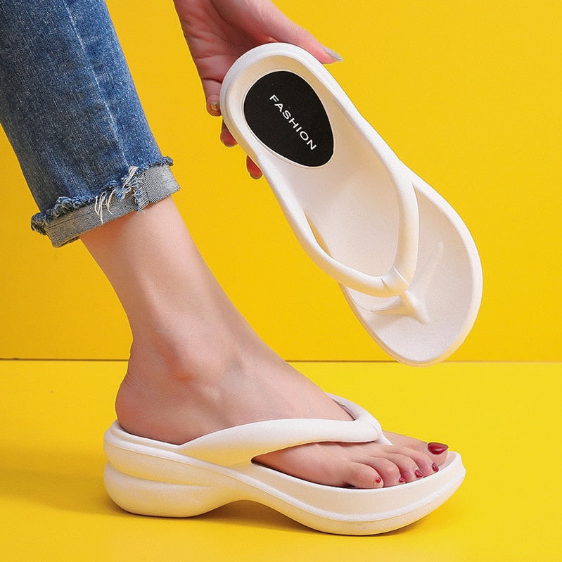 JMPRS Thick Sole Wedges Flip Flops for Women Summer Clip Toe Platform Sandals Woman Non Slip Beach Slippers Outdoor Slides White