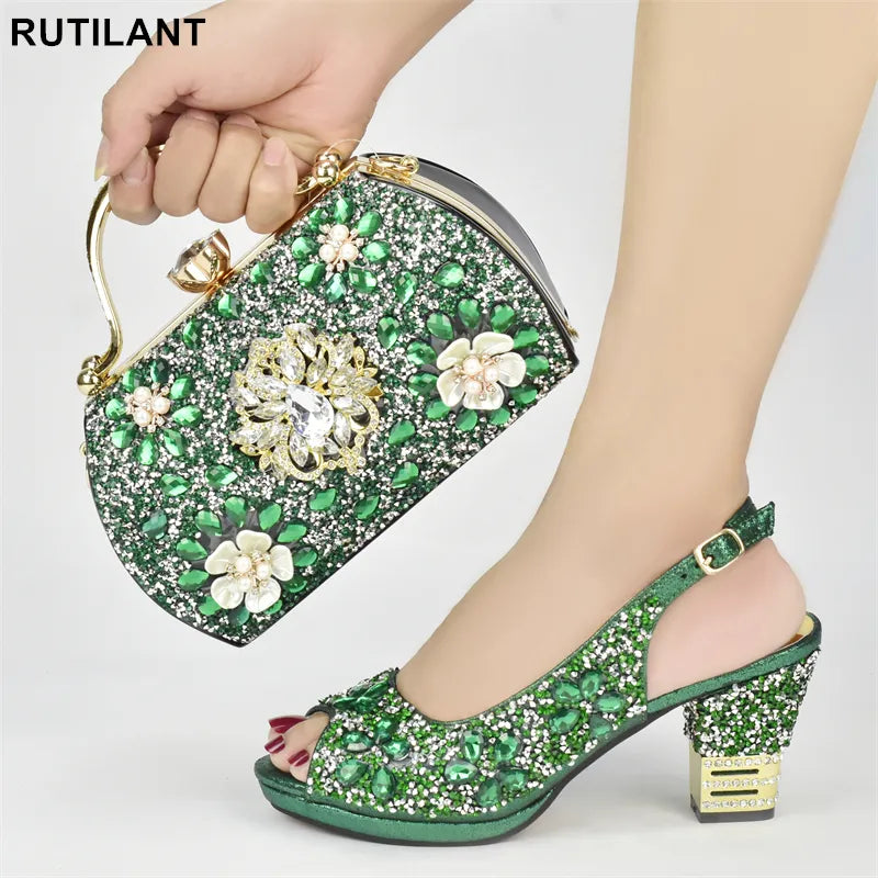 Nova chegada sapatos de festa nigeriano com saco conjunto decorado com strass sapatos para as mulheres 2023 designer luxo sapatos casamento noiva 