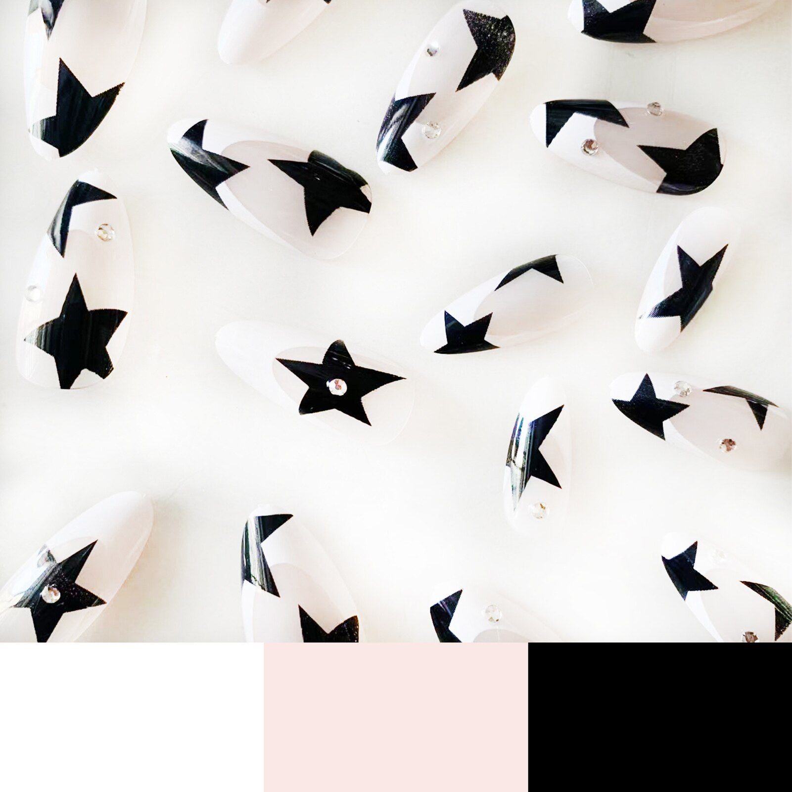 Short Almond Y2k Nails Press On Nail With Black Pentacle Star Designs 24pcs White French False Nails Rhinestone Fake Nail Tips