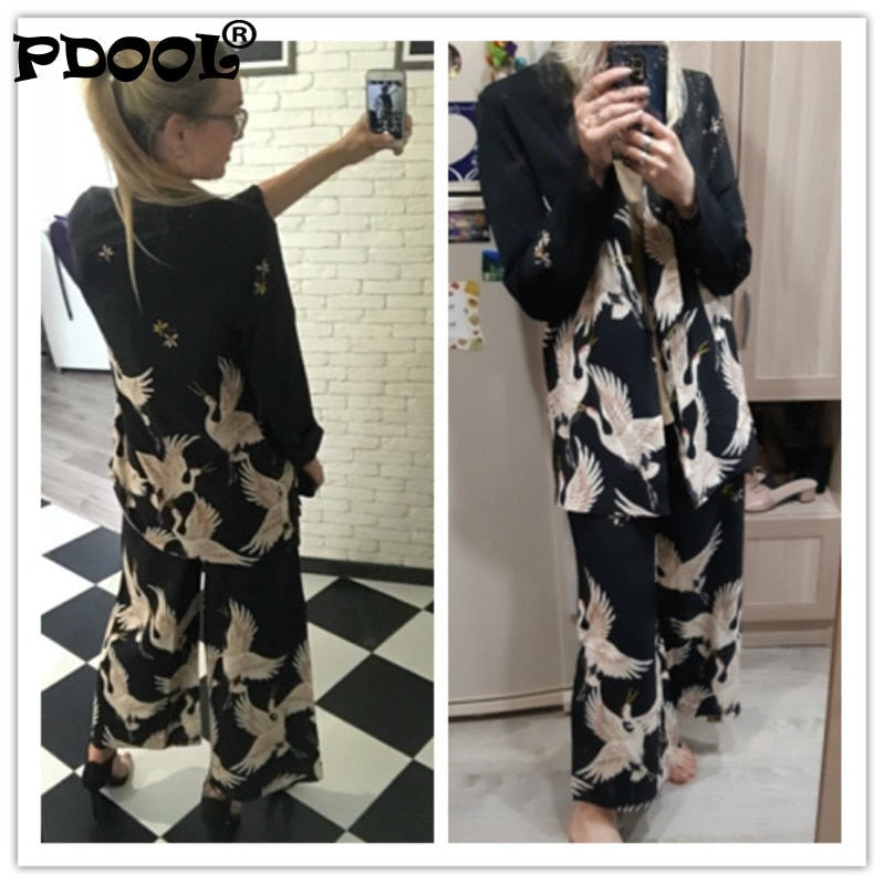 Spring/Autumn Women Vintage Clothing Set Printed Blazer Wide Leg Retro Pant Female Bird Outfit Suits Women's Office Lady