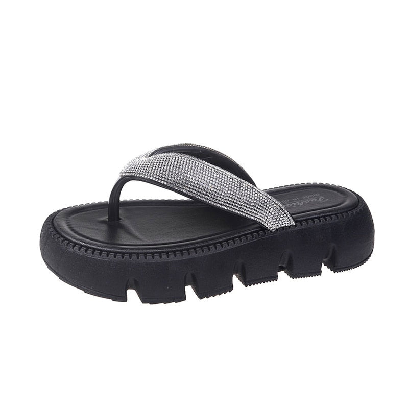 Thick Platform Shiny Crystal Flip Flops Women Summer Soft Bottom Beach Sandals Shoes Woman Fashion Clip Toe Clogs Slippers Black Spain
