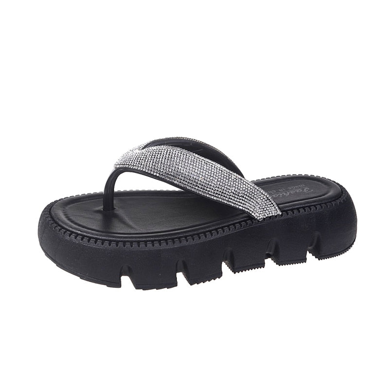 Thick Platform Shiny Crystal Flip Flops Women Summer Soft Bottom Beach Sandals Shoes Woman Fashion Clip Toe Clogs Slippers Black Spain