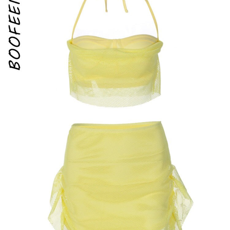 BOOFEENAA Fishnet Mesh Yellow 2 Piece Skirt Sets Sexy Summer Rave Festival Outfits New Arrivals 2023 Womans Clothing C16-CE22