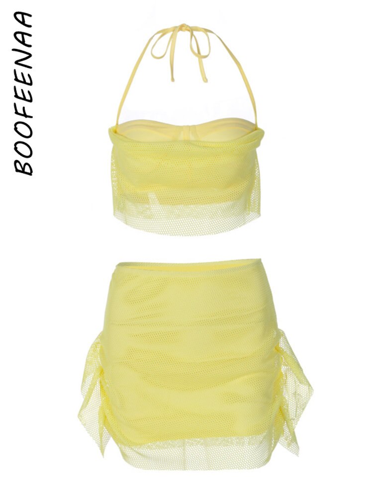 BOOFEENAA Fishnet Mesh Yellow 2 Piece Skirt Sets Sexy Summer Rave Festival Outfits New Arrivals 2023 Womans Clothing C16-CE22