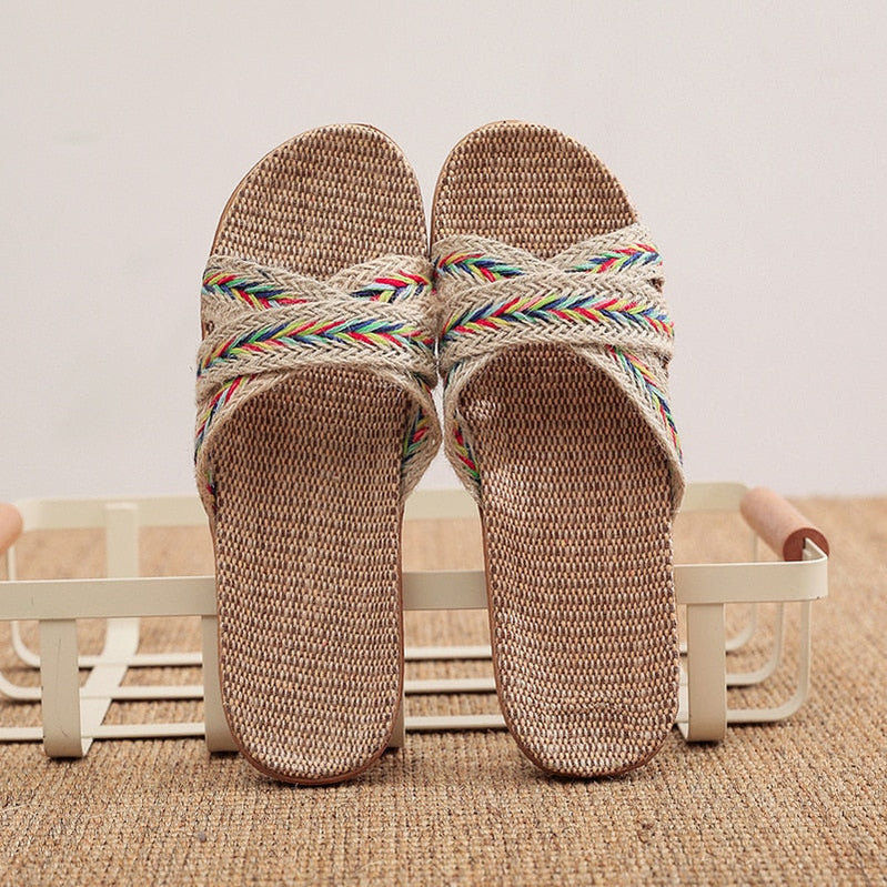 Summer Natural Flax Slippers Women Sandals Comfortable Non-slip Ladies Home Cross-tied Casual Indoor Shoes Multicolor