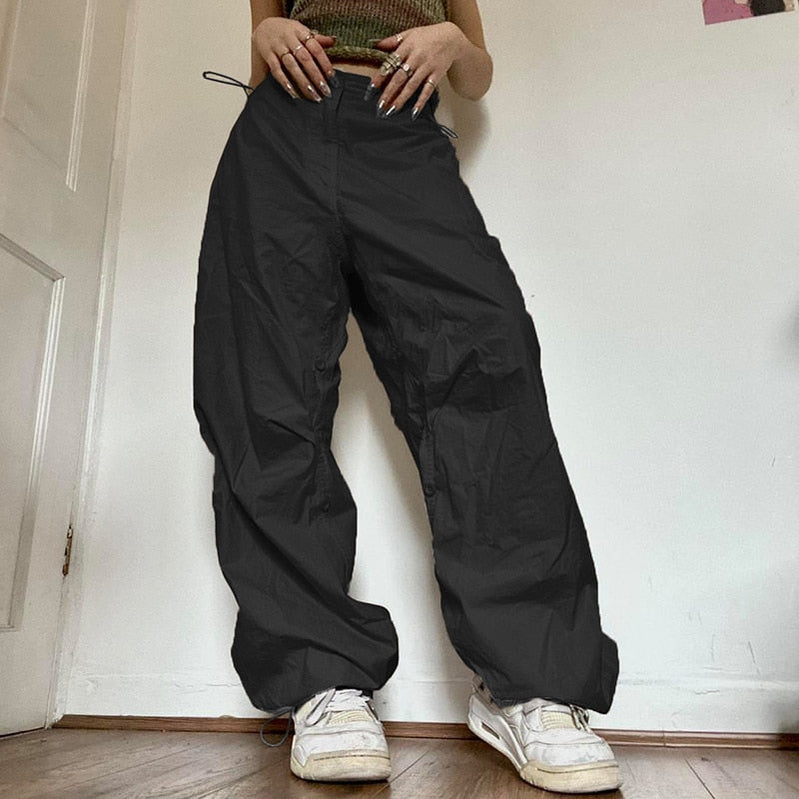Kvinder afslappet joggere tech bukser vintage solid lav talje drejer baggy bukser y2k brede ben sweatpants streetwear lastbukser