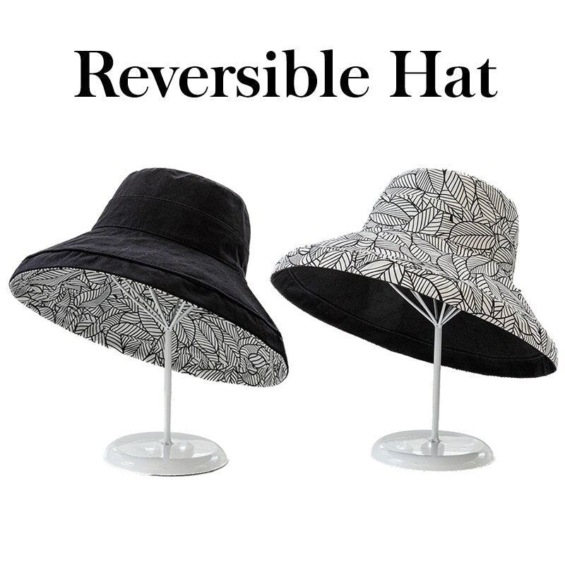Spring Summer Print Reversible Sun Beach Hat Woman Girl Outdoor Travel Vacation Fisherman Cap Wide Brim 12.5cm Visor Hat B Black Head Girth 56-58cm