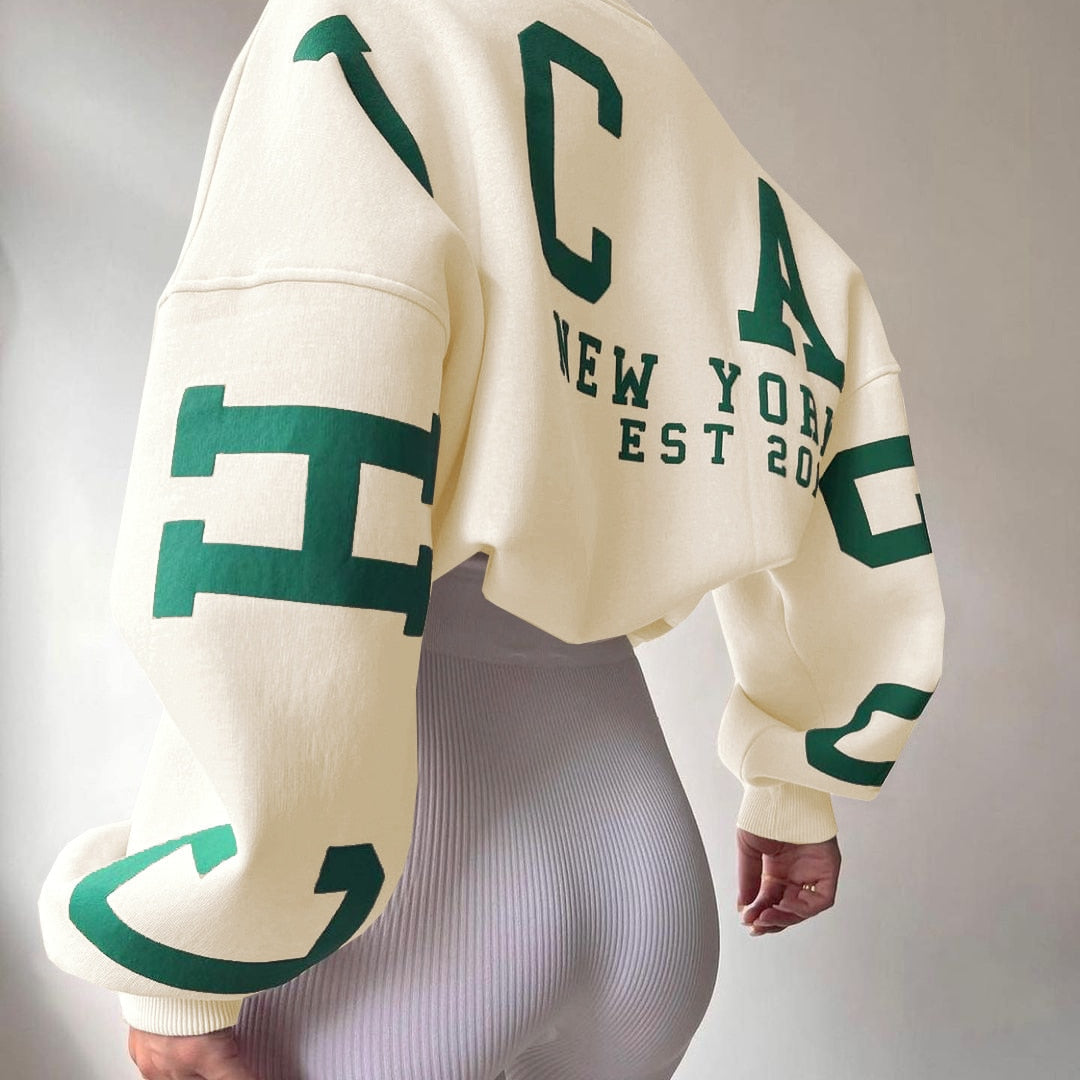 Women Casual Sweatshirts Fashion Letters Print O Neck Long Sleeve Pullovers Tops Vintage Loose Autumn Y2k Hoodies Streetwear Beige