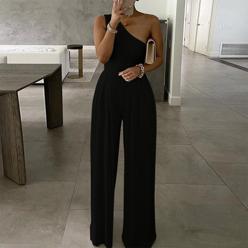 Summer Women Fashion Sexy One Shoulder Club Romper Bodysuit Elegant Wide Leg Jumpsuit Office Lady Casual Ovealls