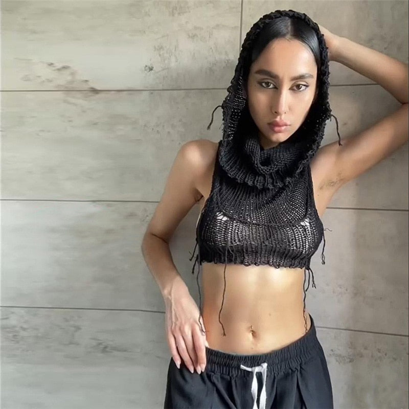 Knitted Y2k Hooded Crop Top Women Summer Sleeveless Off Shoulder T Shirt Top 2023 Hooded Tee Street Wear Fashion White Yuqung