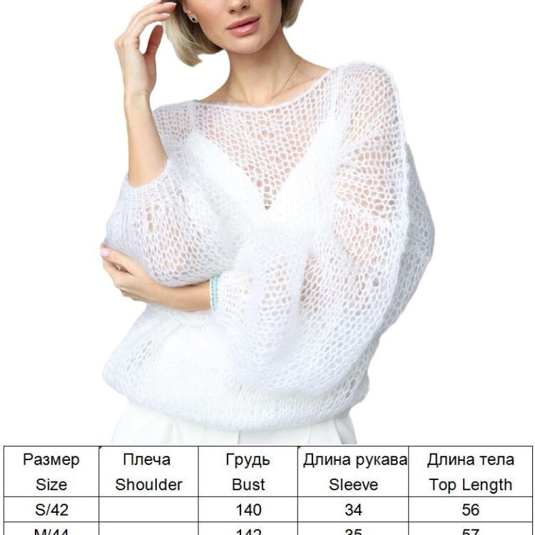 TYHRU Women's Knitted Sweaters Lady Hollow out Mesh Thin Pullover See Through Look Lantern Sleeve Loose Tops Smock