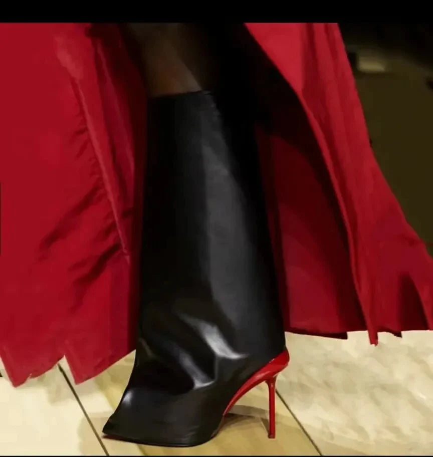 Autumn/Winter New Party High Heel Knee Length Women's Boots Fashion Genuine Leather Sleeve Medium Sleeve Women's Boots