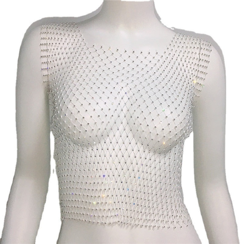 Fishnet Glitter Rhinestone Crop Top Sexy Hollow Out Mesh Sheer Women Beach Y2K Camis Crystal Diamond Club Rave Party Tank Tops