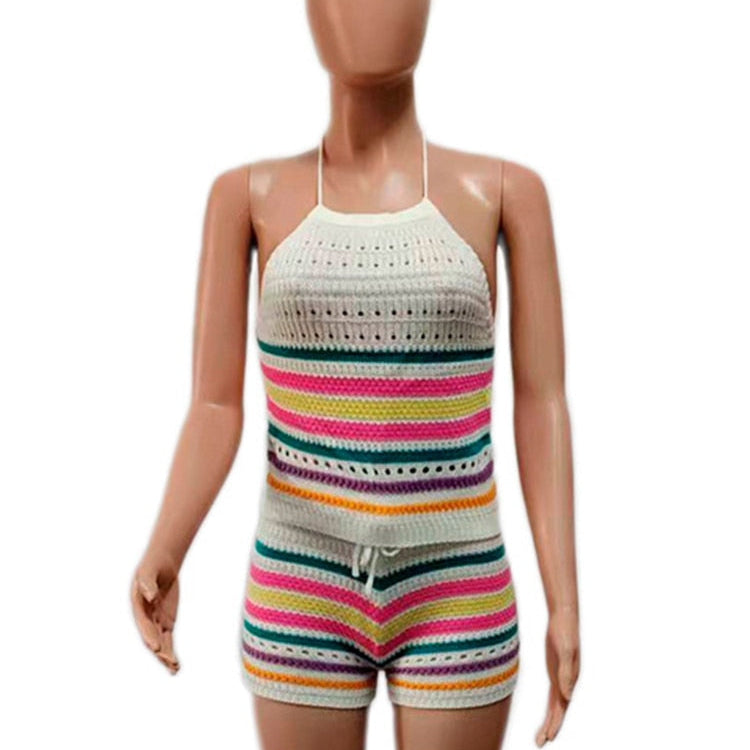 Wishyear Sexy Backless Halter Crop Top and Shorts Suit Two Piece Sets for Women Tracksuit Knitted Crochet Co Ord Summer Outfits