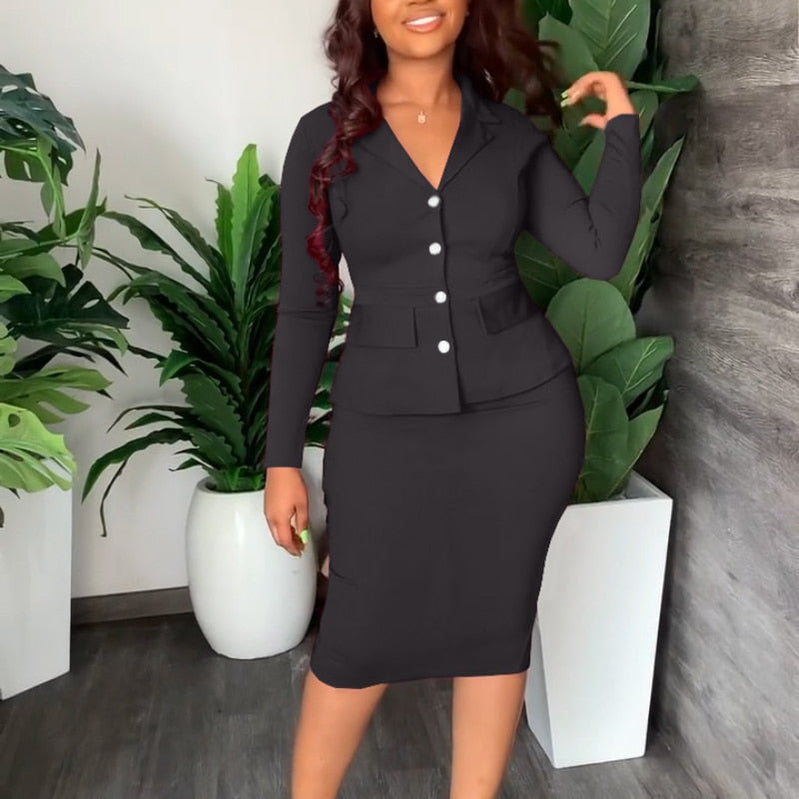 Autumn Commuting Two 2 Pieces OL Skirts Sets Women Bodycon Office Workwear Single Breasted Top Blazer Sexy Skirts Suit Outfits