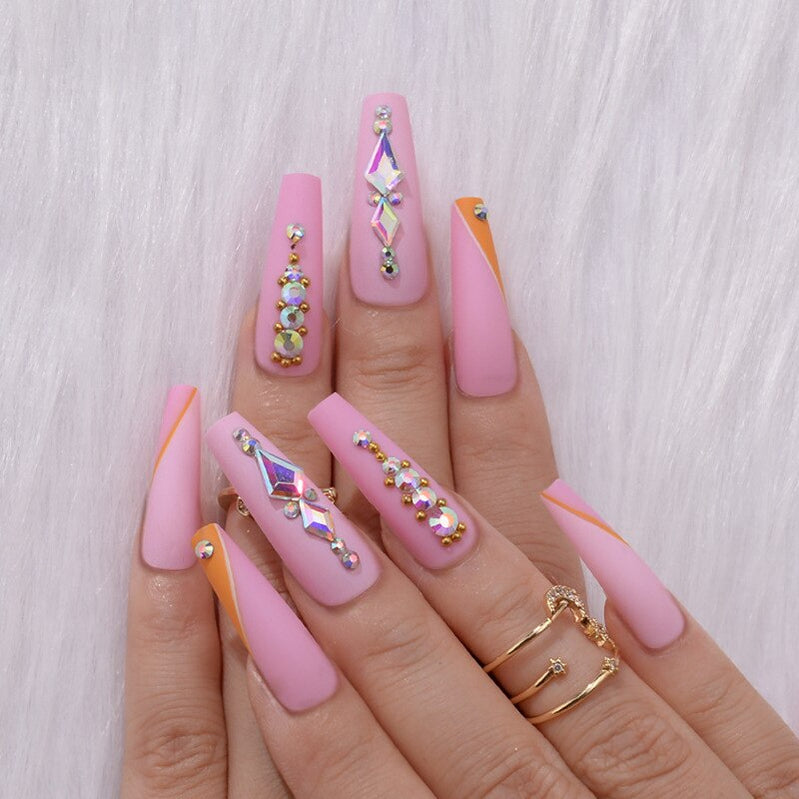 3D ballet fake nails accessories Light Luxury Diamond pink long tips french coffin manicure faux ongles press on false nail set
