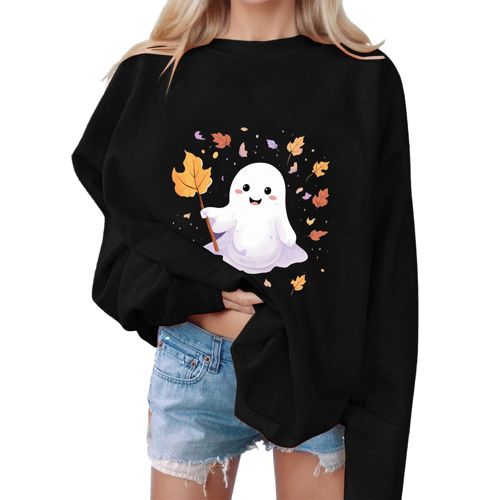 Casual Hoodless Sweatshirts Halloween Ghosts Sweatshirt Round Neck Sweater Long Sleeve Women's Sweatshirt Autumn Winter Moletom Black
