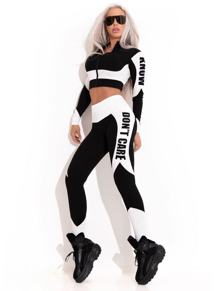 Uoozee Female Fashion Contrast Color Long Sleeves ZipperTops&Letter Print Leggings Sports Yoga Suits Activewear For Women BLACK WHITE