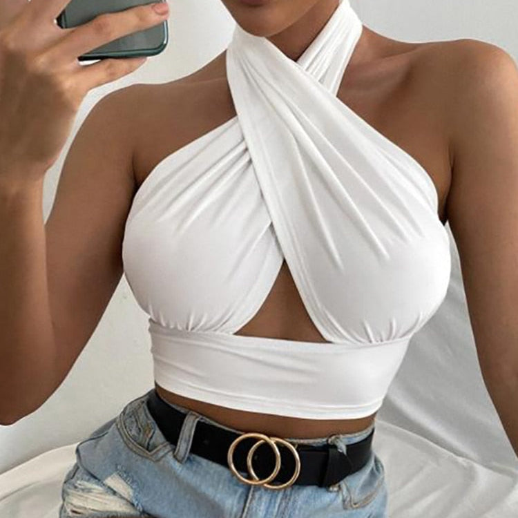Women Summer Tank Tops Sexy Solid Color Cross Halter Neck Push Up Hollow Crop Tops High Street Wear 2023 New Fashion White