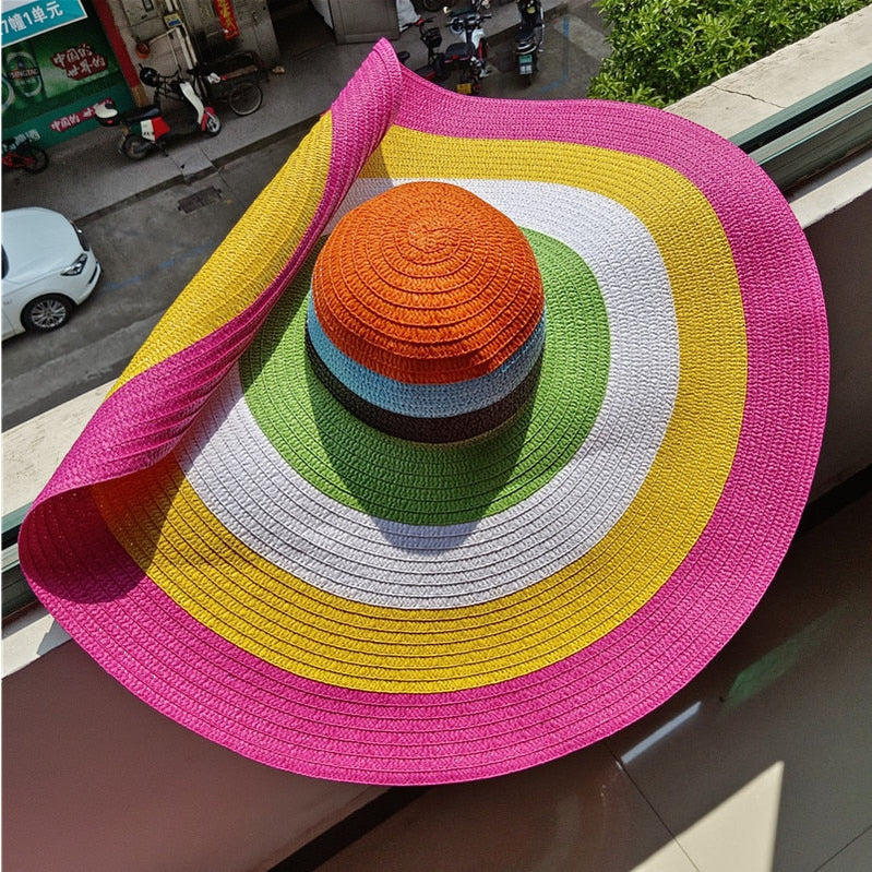 Rainbow striped big brim anti-ultraviolet sunshade sun hat beach sun hat with wire edge can be folded arbitrarily 1 M 56-58cm