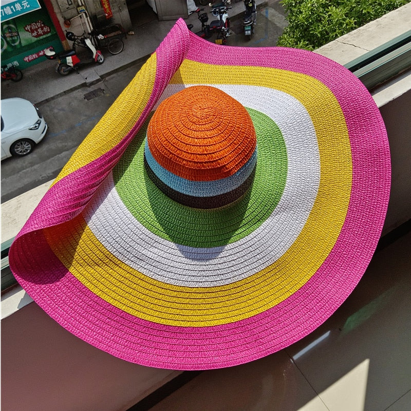 Rainbow striped big brim anti-ultraviolet sunshade sun hat beach sun hat with wire edge can be folded arbitrarily 1 M 56-58cm