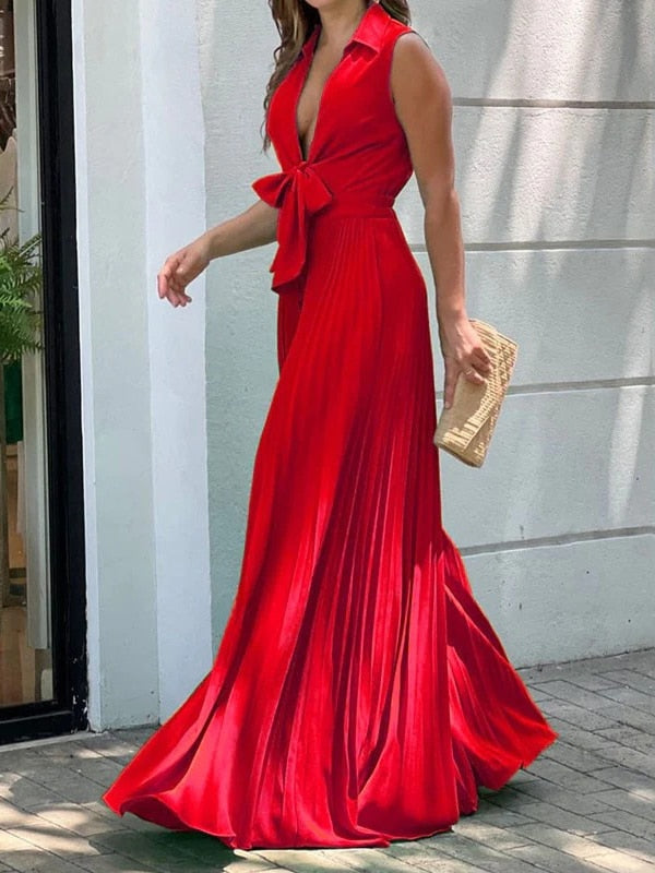 Onecozyday Stylish Sleeveless Lace-Up Pleated Deep V-Neck Sexy Jumpsuits Summer Vacation Party Prom Jump Suits For Women Sleeveless 3