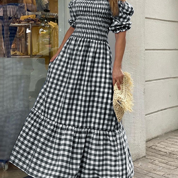 Summer Long Maxi Dress Women Casual Short Sleeve Square Collar Vintage Plaid Party Bohemian Vestidos Loose Sundress
