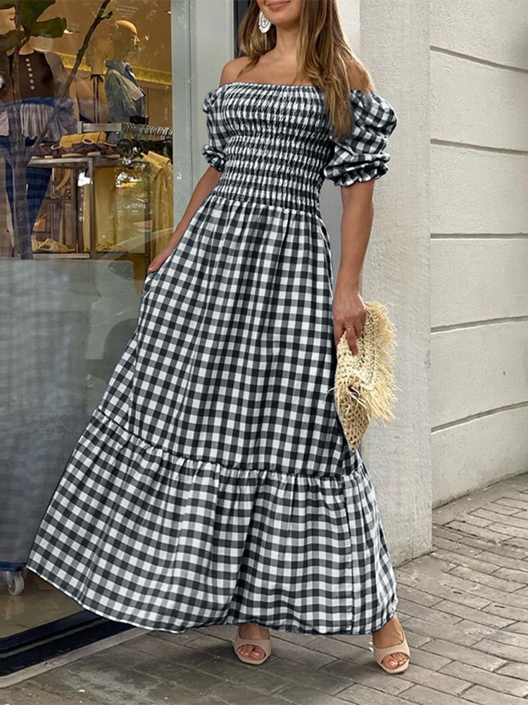 Summer Long Maxi Dress Women Casual Short Sleeve Square Collar Vintage Plaid Party Bohemian Vestidos Loose Sundress