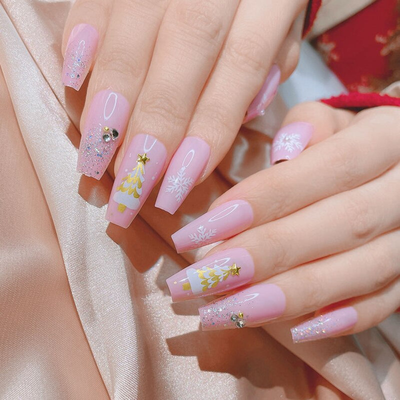 24Pcs/Box White French Fake Nails Press on Long XL Length Rhinestone Design False Nails Full Cover Acrylic Nail Tips