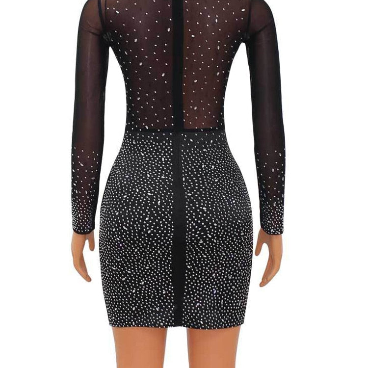 Sexy Mesh Crystal Patchwork Sheer Mini Dress New Elegant Women Long Sleeve Bodycon Dress Night Clubwear Outfits