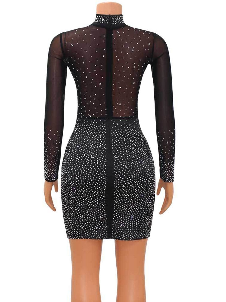 Sexy Mesh Crystal Patchwork Sheer Mini Dress New Elegant Women Long Sleeve Bodycon Dress Night Clubwear Outfits