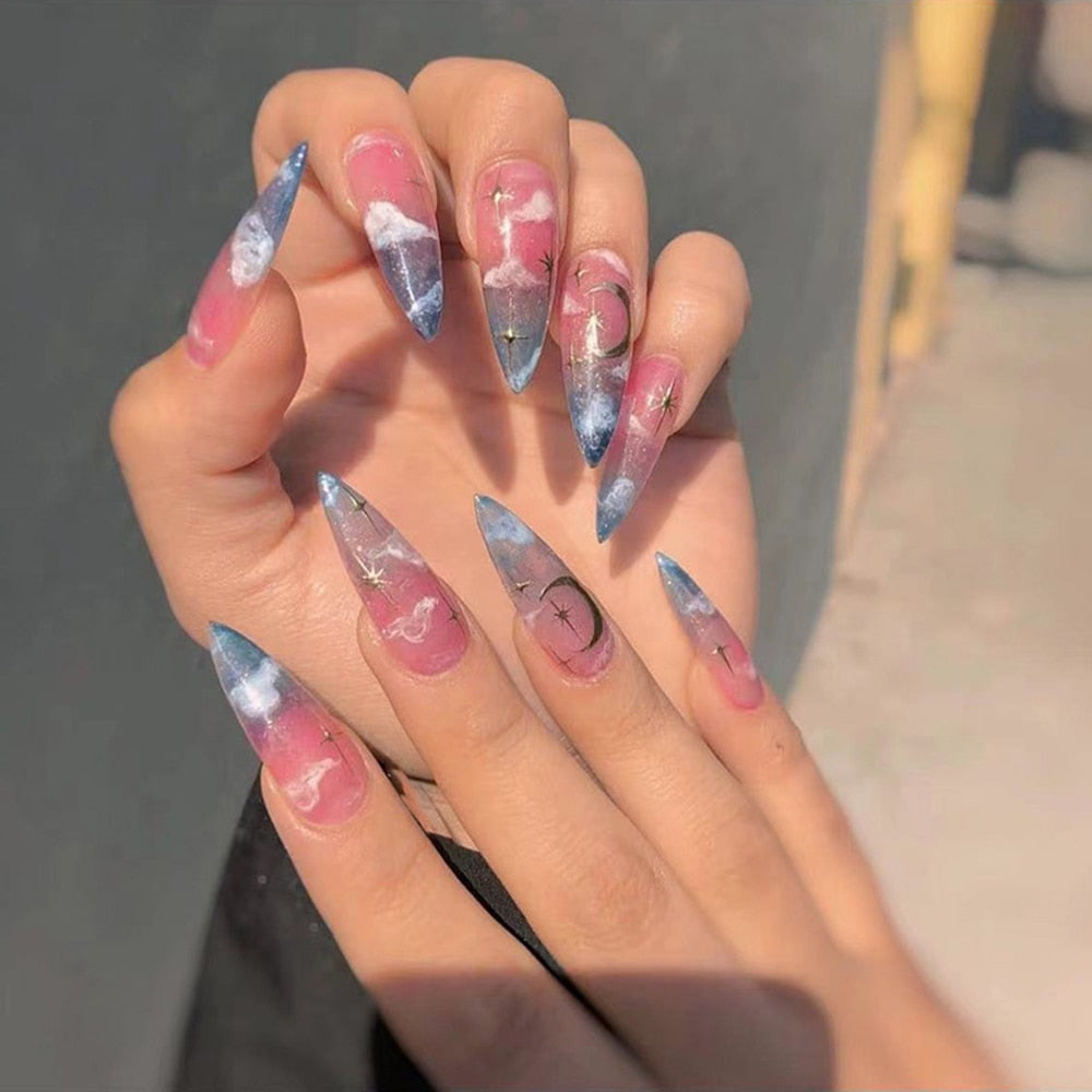 24pcs/box Fake French y2k Nails Press On Long Stiletto Almond Shape Wearable False Nails With Stars Designs Full Cover Nail Tips style9