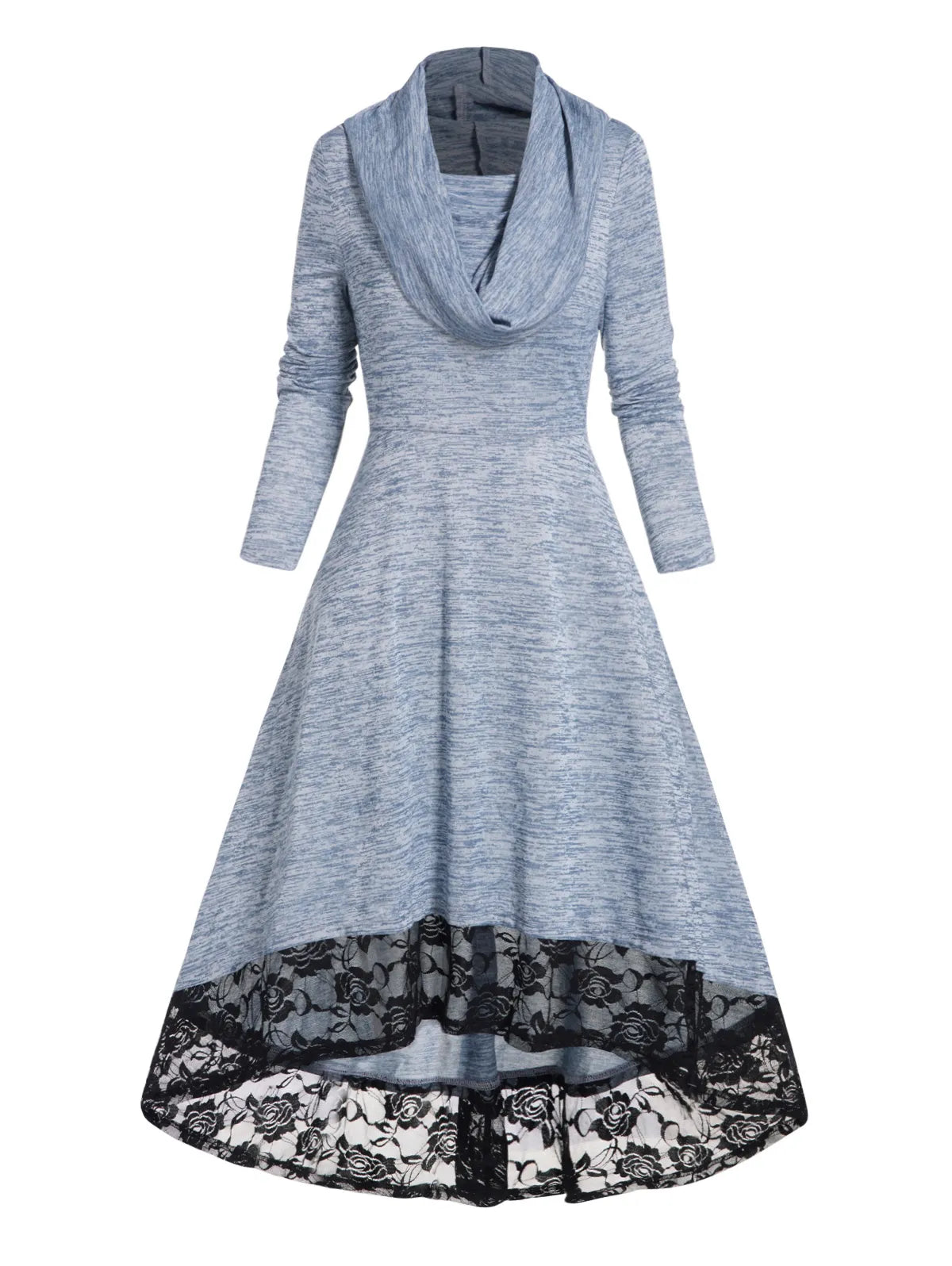 Autumn Space Dye Hooded Dress Flower Lace Panel High Waisted Long Sleeve High Low One Piece Midi Long Dresses For Women