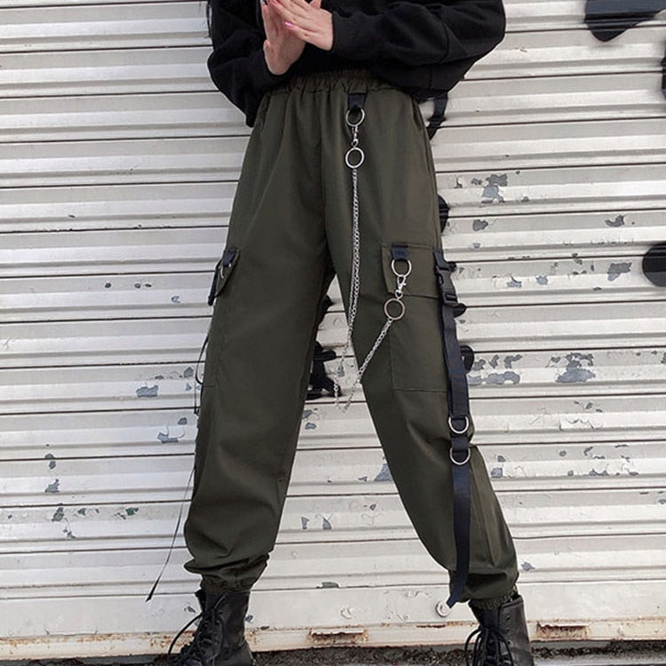 Women Cargo Pants Harem Pants Fashion Punk Pockets Jogger Trousers With Chain Harajuku Elastics High Waist Streetwear Army Green