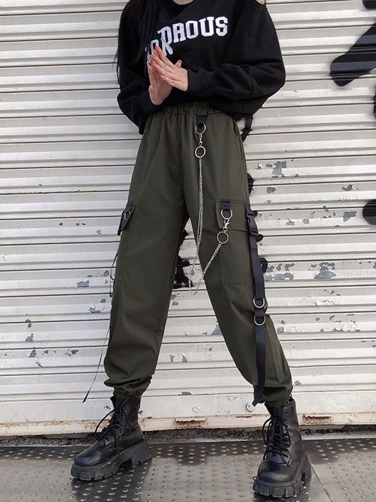 Women Cargo Pants Harem Pants Fashion Punk Pockets Jogger Trousers With Chain Harajuku Elastics High Waist Streetwear Army Green