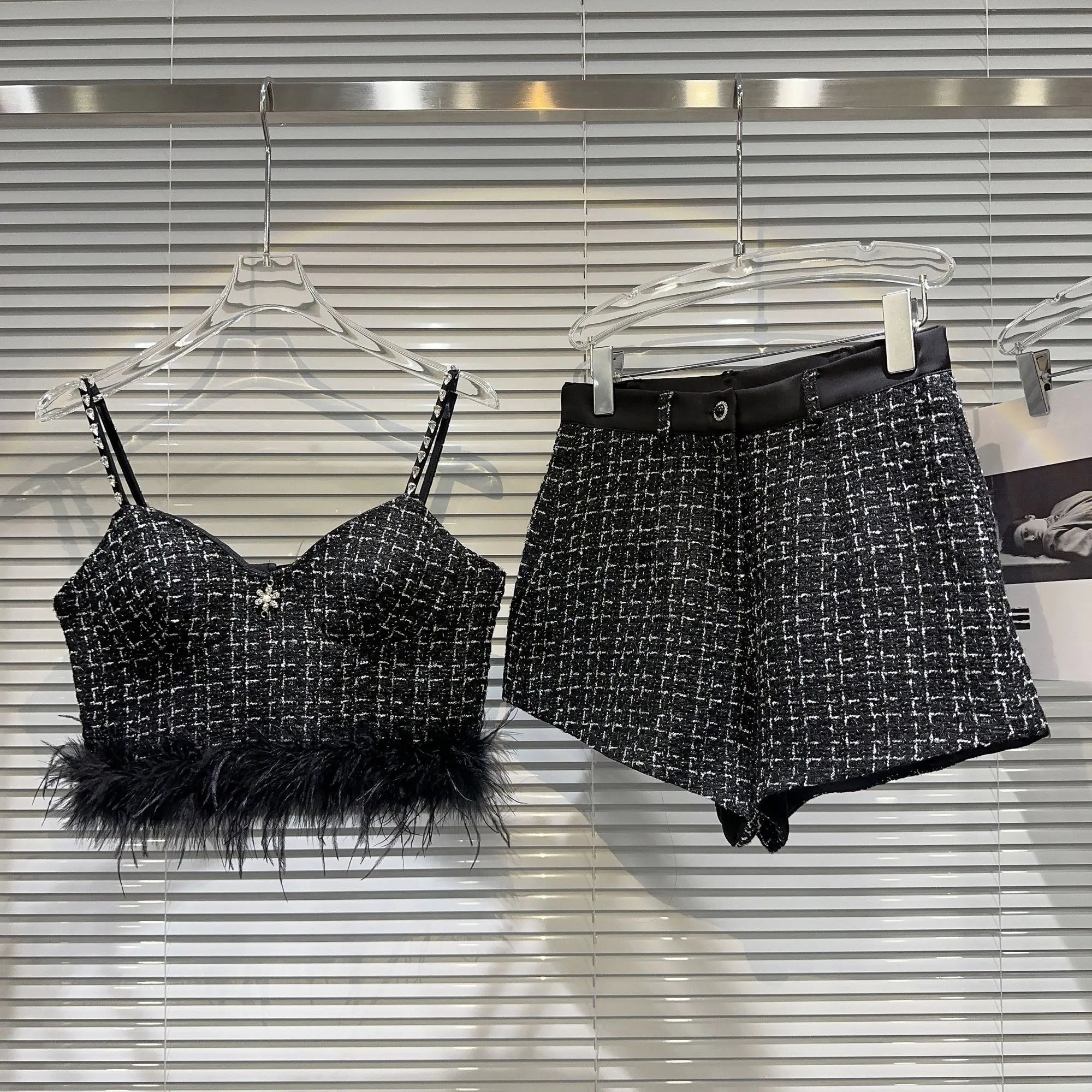 PREPOMP Autumn New Arrival Feathers Camisole Floral Pin Plaid Jacket Slim Shorts Three Piece Set Outfits Women GL610