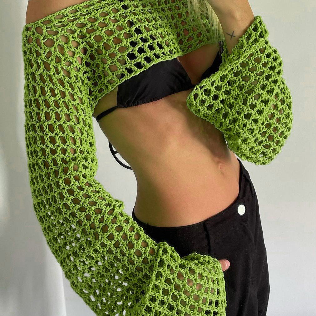 Summer Long Sleeve Smock Knitted Crop Top Women Y2k Beach Sexy Backless Hollow Out T Shirts Green Party Casual Pullovers Green
