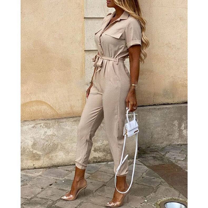 Overalls for Women New Casual Lapel Lace-up Print Belt Work Jumpsuit Women One Pieces Bodysuit Women Chic and Elegant Jumpsuits APRICOT