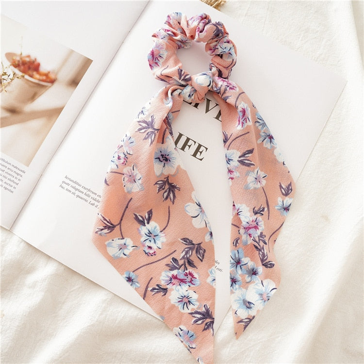Fashion Print Chiffon Long Ribbon Scrunchies Women Girls Ponytail Scarf Elastic Hair Bands Ties Hair Accessories Wholesale 17